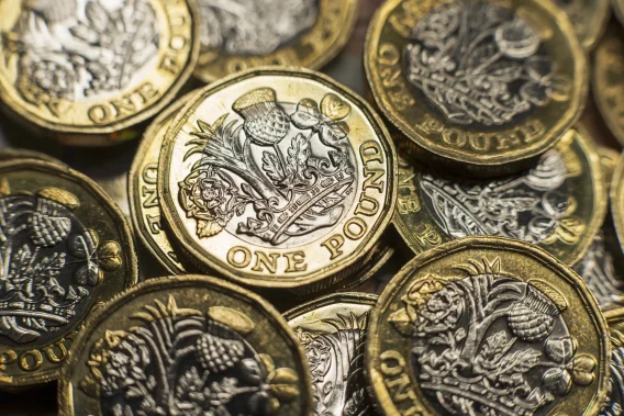 A close-up photograph of one pound coins